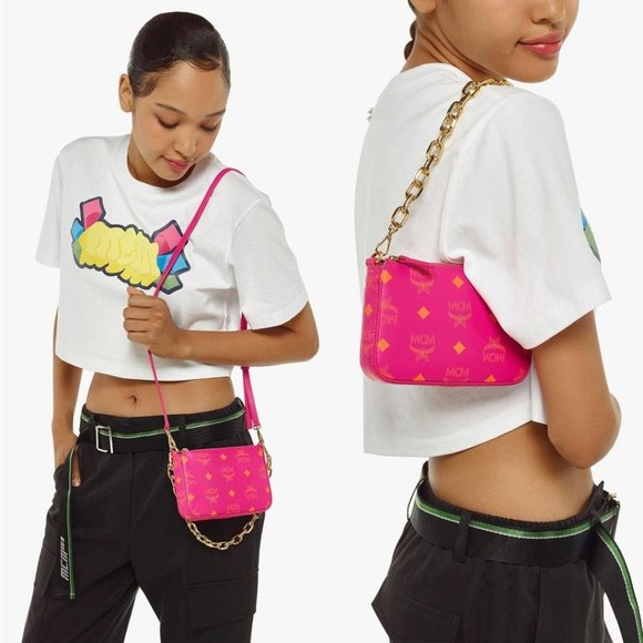 MCM Handbags - NEW MCM Color Splash Logo Fuchsia Pink Smooth Leather Mini Pouch Crossbody Bag